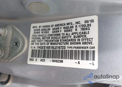 2005 Honda Civic Lx from USA, damaged, VIN 1HGES16515L019723